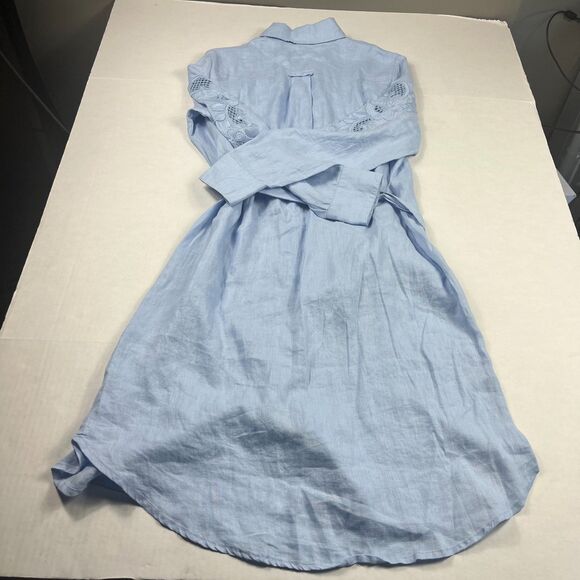 Magaschoni Linen Button Shirt Dress Blue Tie Waist Long Sleeve Embroidered M - Picture 8 of 9